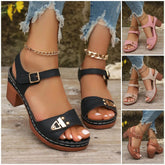 Women's block-heeled sandals, stylish open toes, trendy hollow heels.