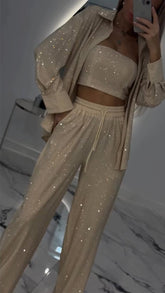 Women's Lapel Rhinestone Casual Three-piece Suit