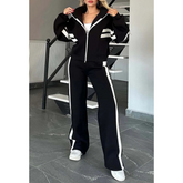 Damen gestreifte Reißverschlussjacke & lässige Hose zweiteiliges Set
