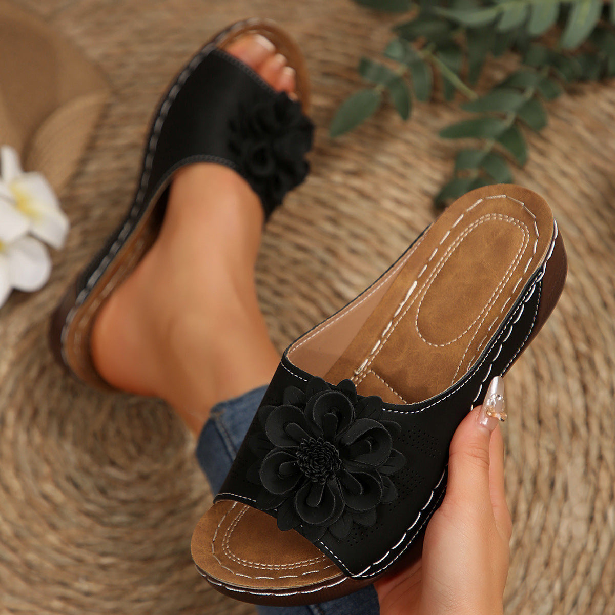 Women's Floral Wedge Sandals -Open-Toe Slip-Ons for Casual Summer Outings