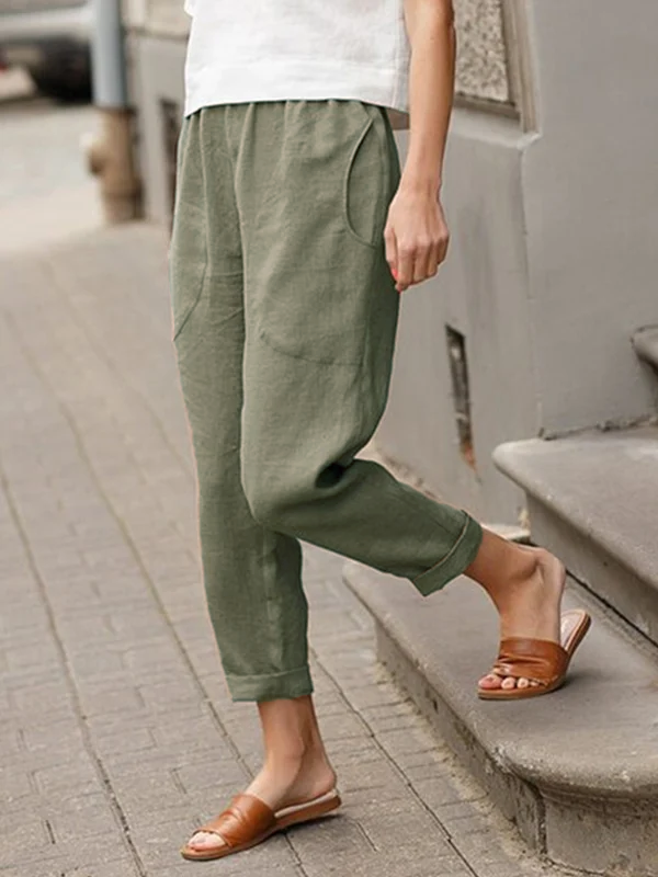 Leinen-Baumwoll-Hose für Damen, große Größen, locker geschnitten