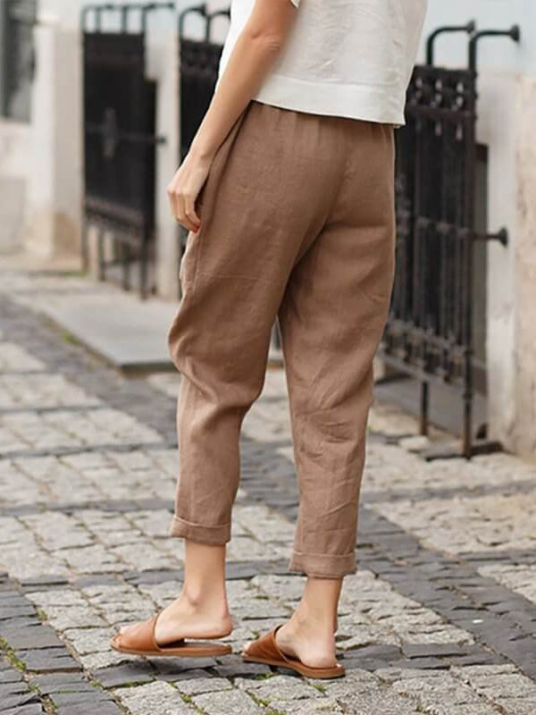 Leinen-Baumwoll-Hose für Damen, große Größen, locker geschnitten