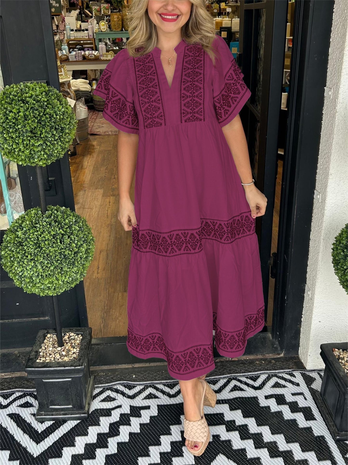 Damen V-Ausschnitt Boho Maxikleid (Kaufe 2, versandkostenfrei)