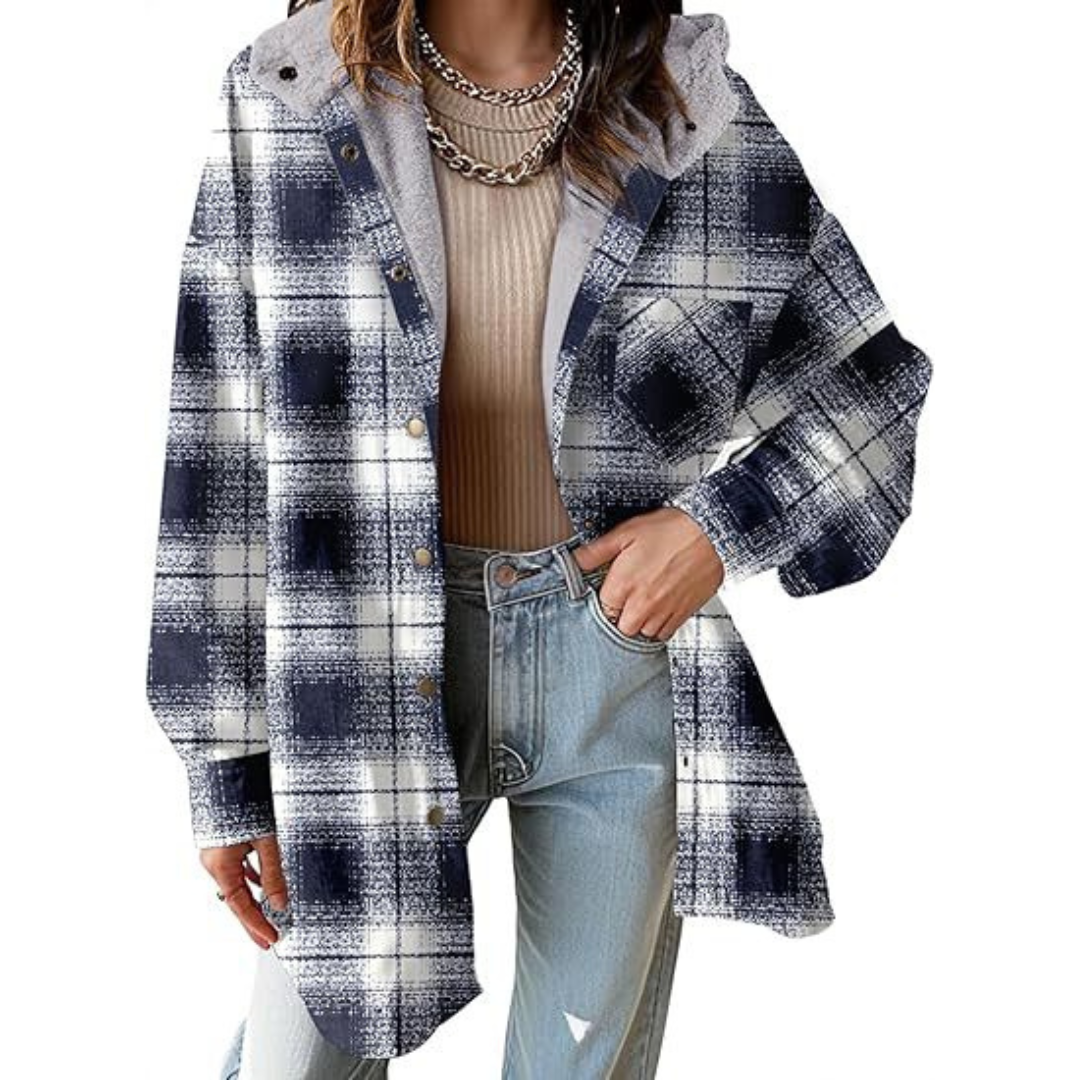 Women's Flannel Hooded Plaid Shacket Thick Coat Winter Coat for Warmth Button down Warm and Fuzzy Fleece Jacket