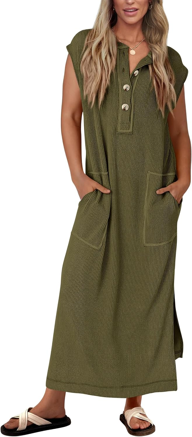 Geripptes Henley-Maxikleid mit Knopfleiste für Damen (2 kaufen, kostenloser Versand)