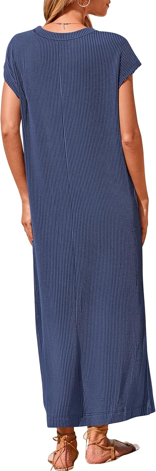 Geripptes Henley-Maxikleid mit Knopfleiste für Damen (2 kaufen, kostenloser Versand)