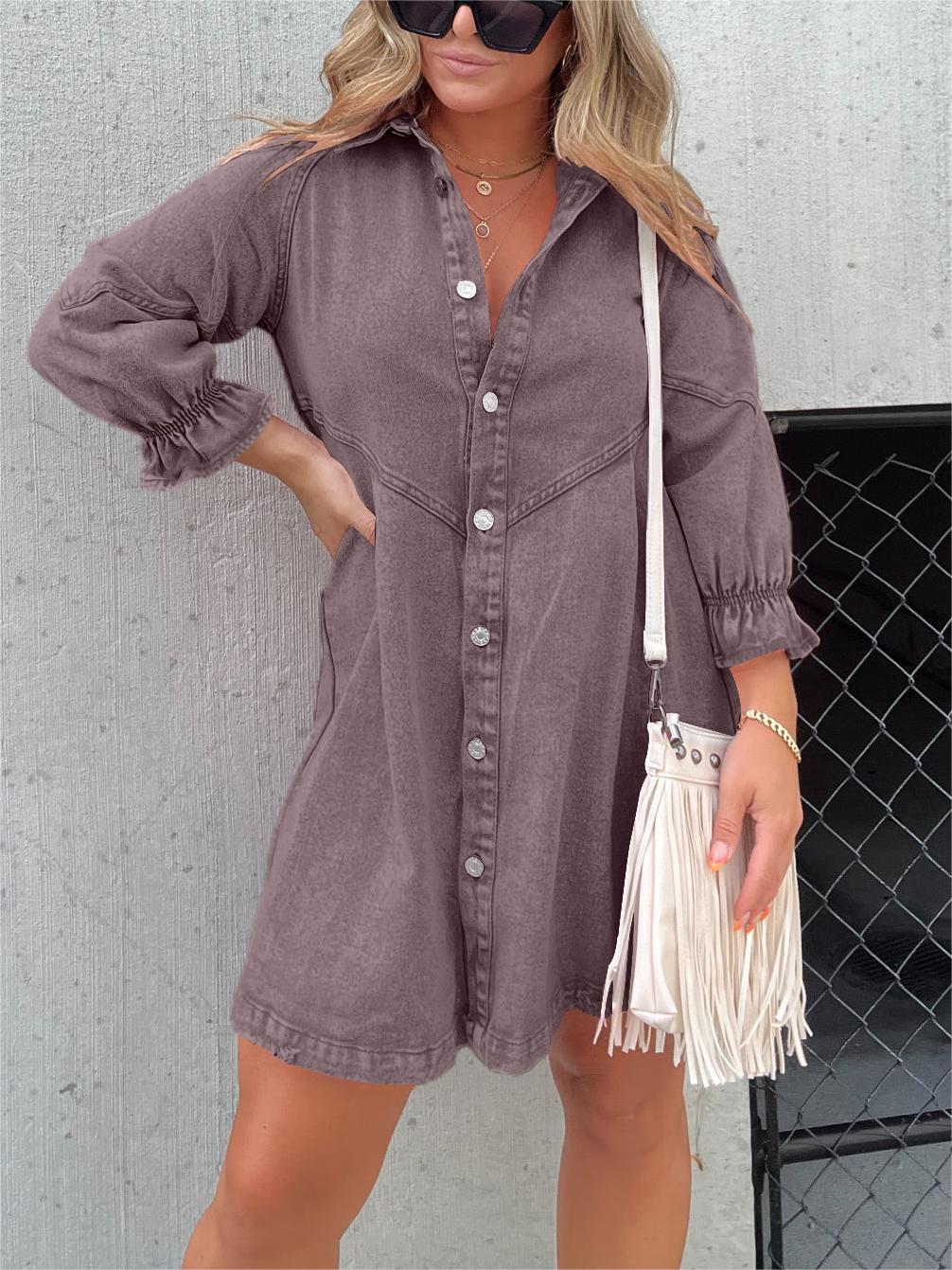 Neues Washed-Denim-Kleid mit Puffärmeln (2 kaufen, kostenloser Versand)