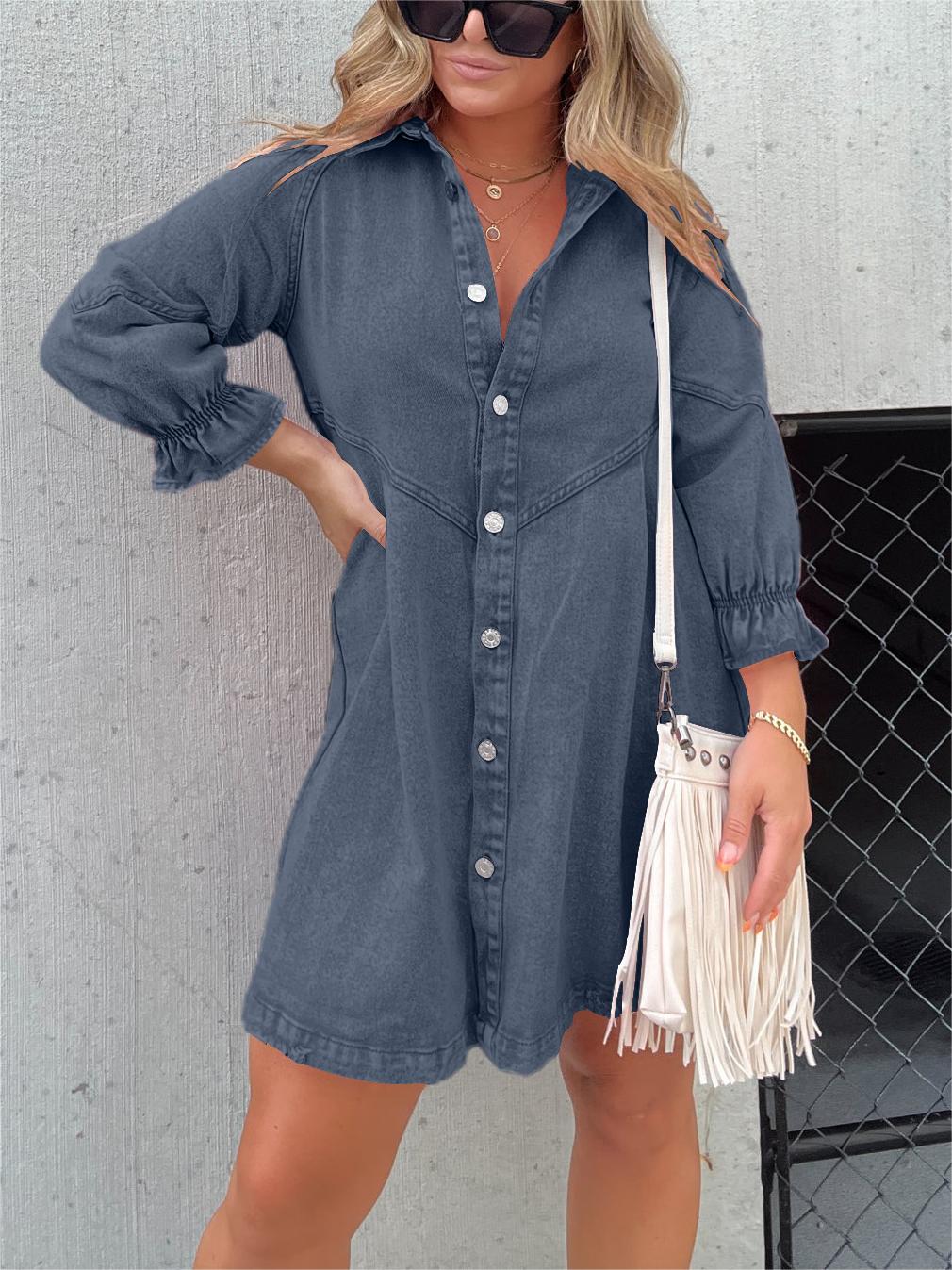 Neues Washed-Denim-Kleid mit Puffärmeln (2 kaufen, kostenloser Versand)