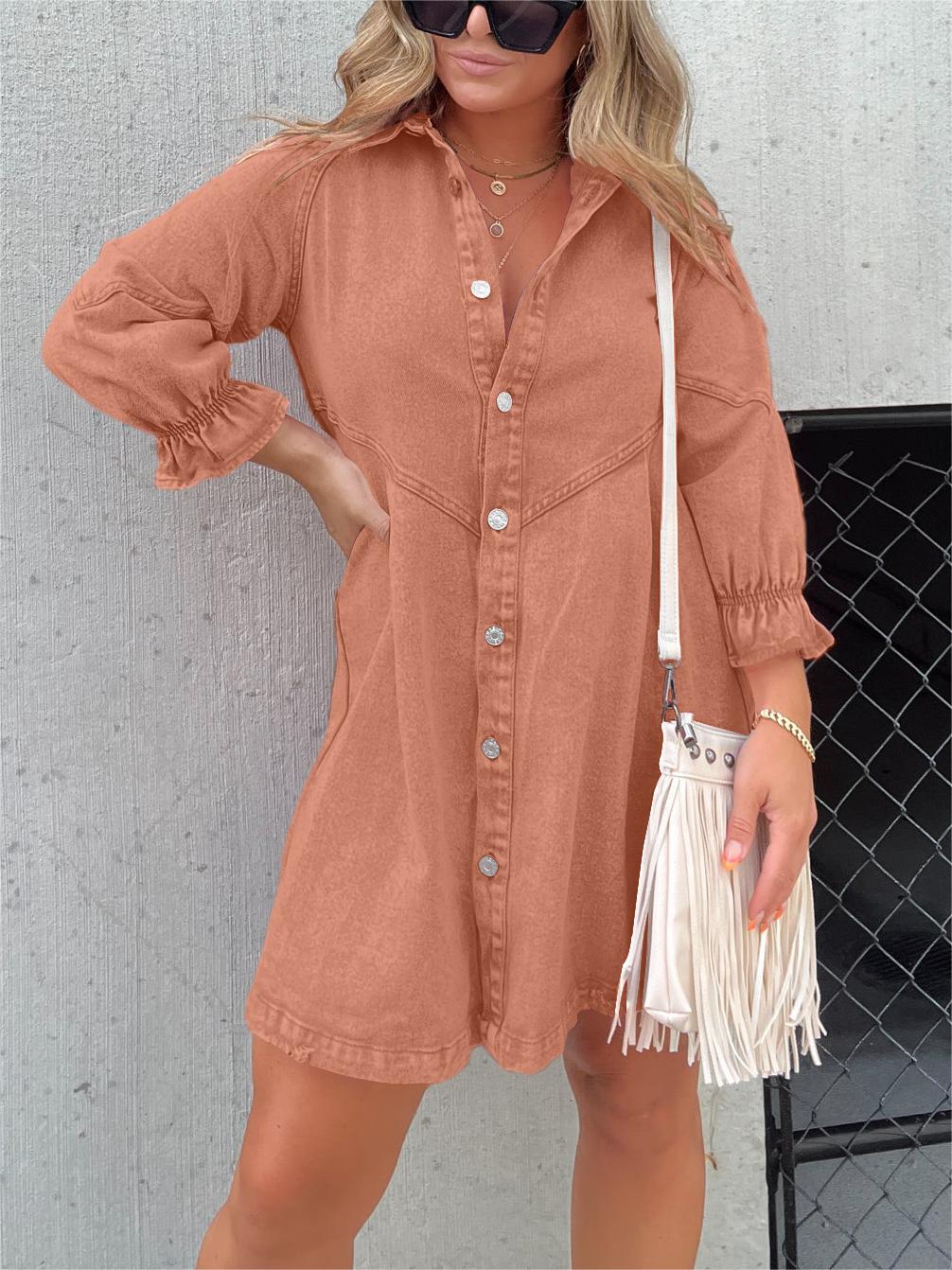 Neues Washed-Denim-Kleid mit Puffärmeln (2 kaufen, kostenloser Versand)