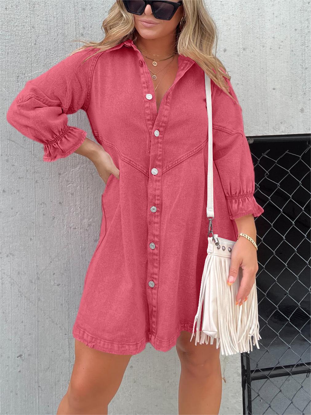 Neues Washed-Denim-Kleid mit Puffärmeln (2 kaufen, kostenloser Versand)