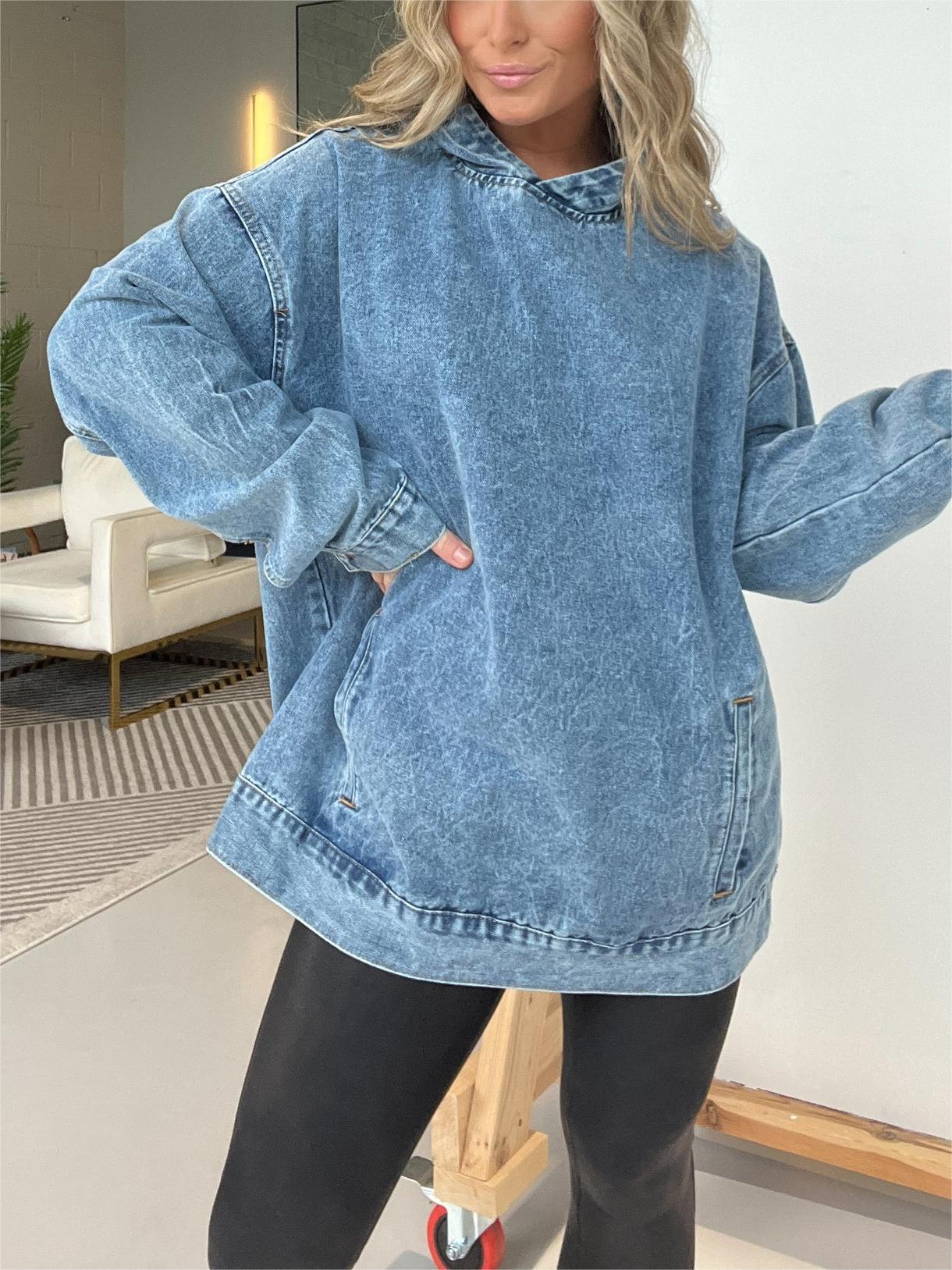 Neues Kapuzen-Sweatshirt aus Denim mit Vordertaschen (2 kaufen, kostenloser Versand)