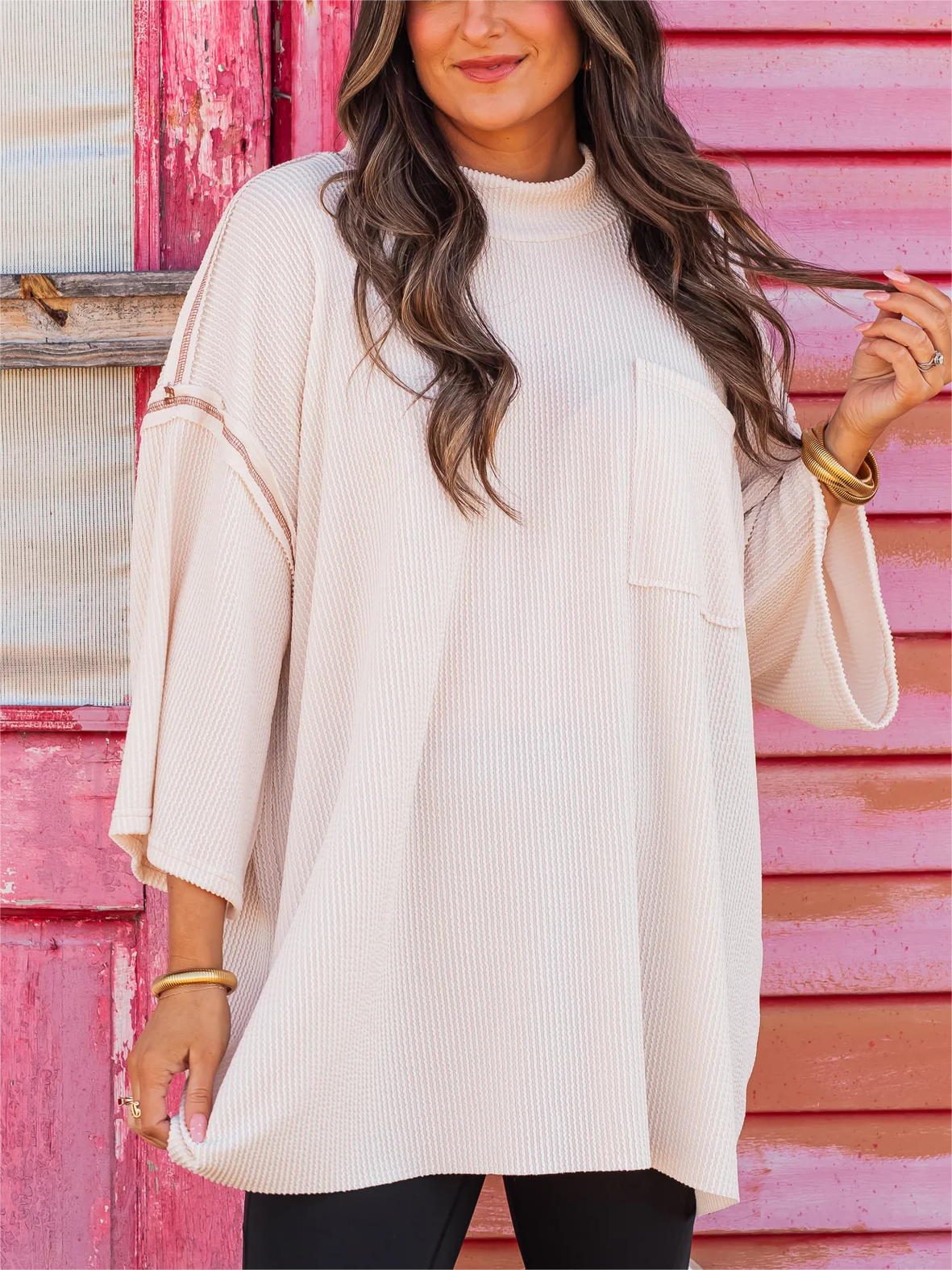 Oversize urbaner Rippstrick-Longpullover mit hohem Kragen (2 kaufen, kostenloser Versand)