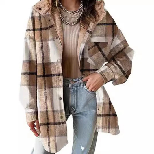 Damen Flanell Kariert Kapuzen-Hemdjacke Dicke Winterjacke für Wärme Geknöpfte Warme Flauschige Fleecejacke