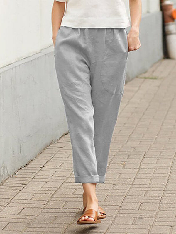 Leinen-Baumwoll-Hose für Damen, große Größen, locker geschnitten