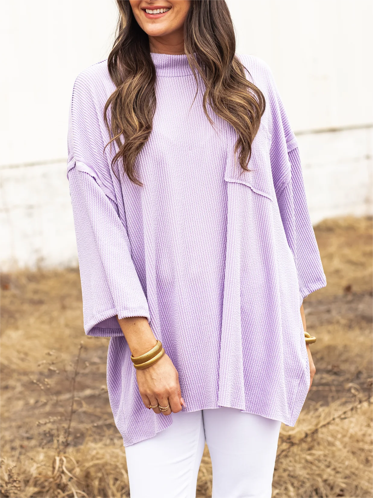 Oversize urbaner Rippstrick-Longpullover mit hohem Kragen (2 kaufen, kostenloser Versand)