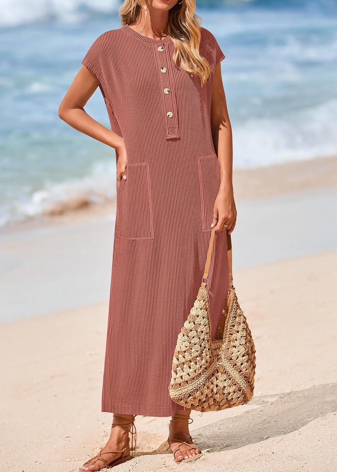 Geripptes Henley-Maxikleid mit Knopfleiste für Damen (2 kaufen, kostenloser Versand)