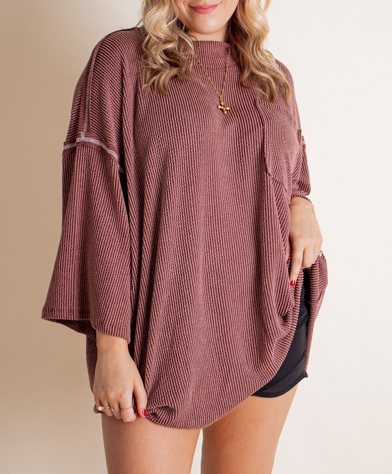 Oversize urbaner Rippstrick-Longpullover mit hohem Kragen (2 kaufen, kostenloser Versand)