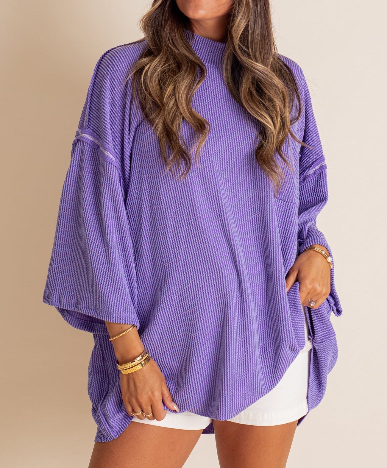 Oversize urbaner Rippstrick-Longpullover mit hohem Kragen (2 kaufen, kostenloser Versand)