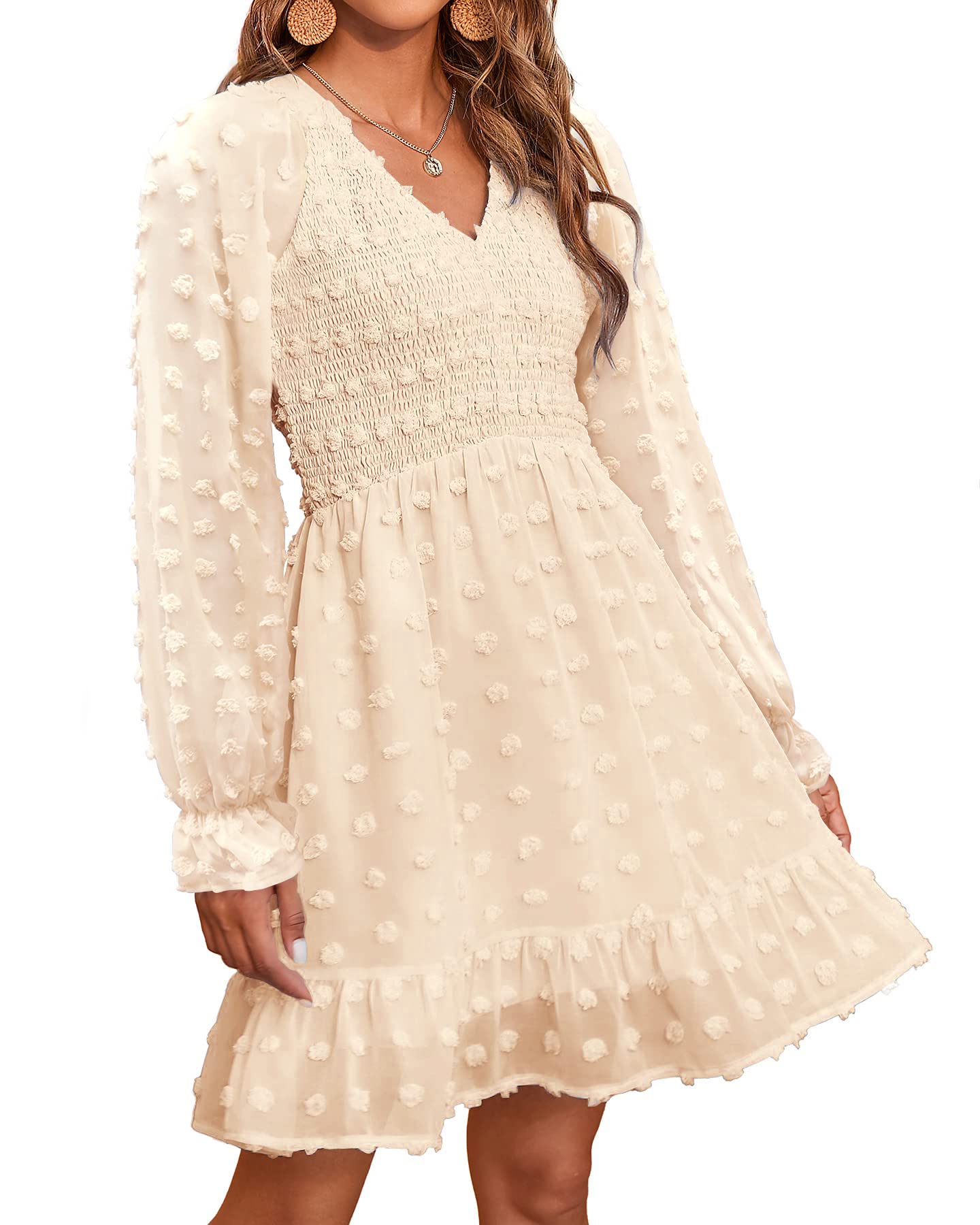 Damen V-Ausschnitt Chiffon Minikleid mit Schweizer Punkten für den Frühling (2 kaufen, kostenloser Versand)