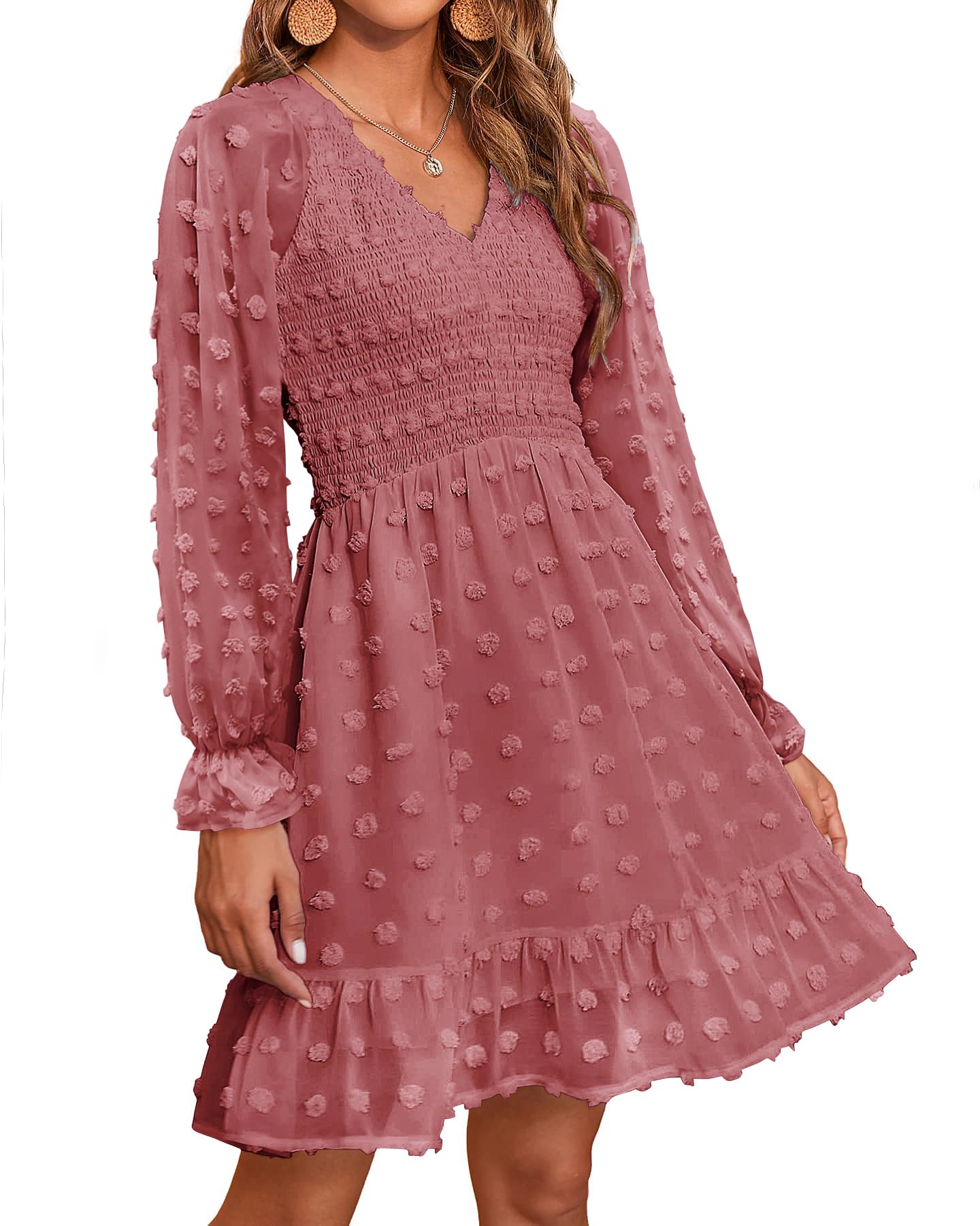 Damen V-Ausschnitt Chiffon Minikleid mit Schweizer Punkten für den Frühling (2 kaufen, kostenloser Versand)