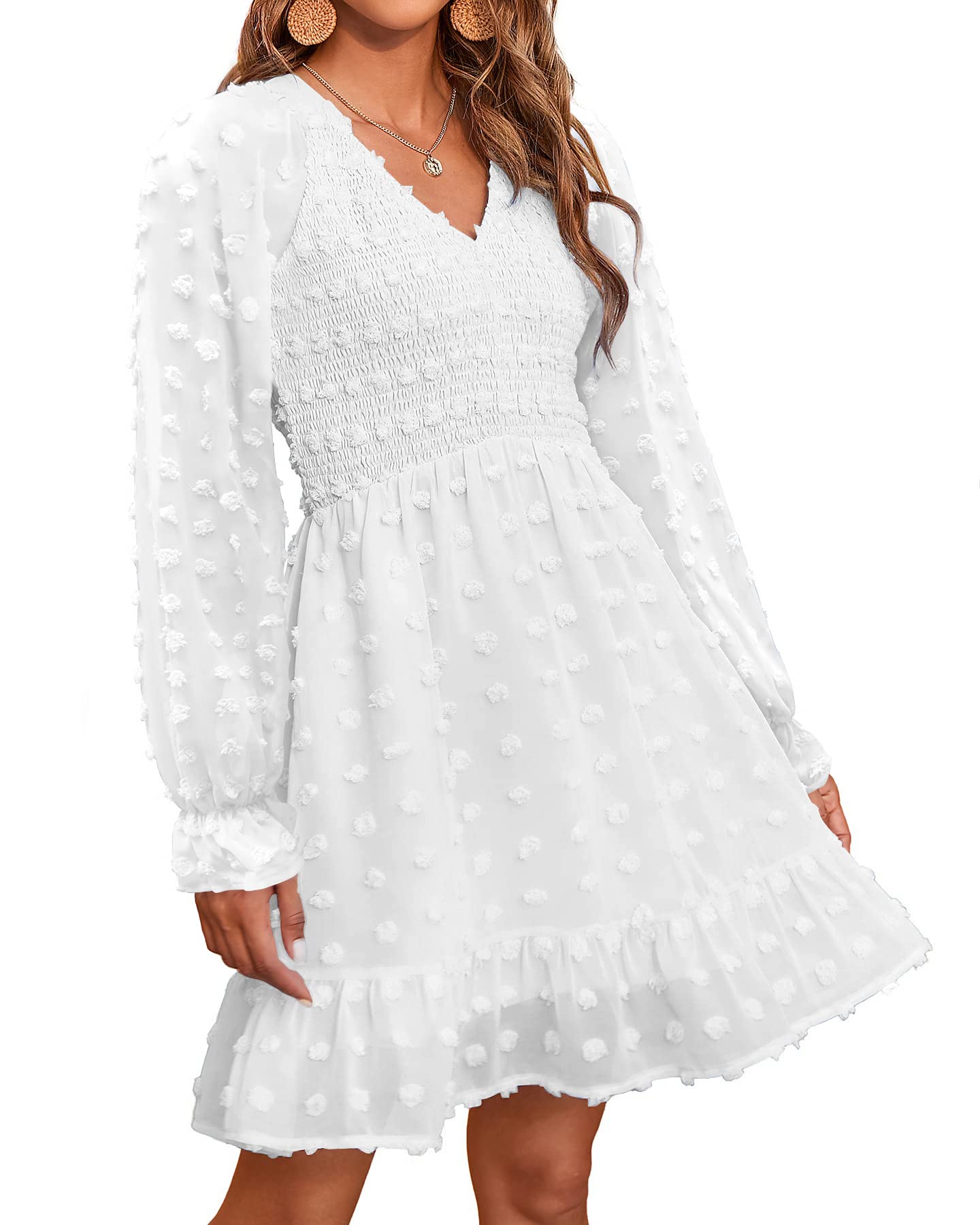 Damen V-Ausschnitt Chiffon Minikleid mit Schweizer Punkten für den Frühling (2 kaufen, kostenloser Versand)