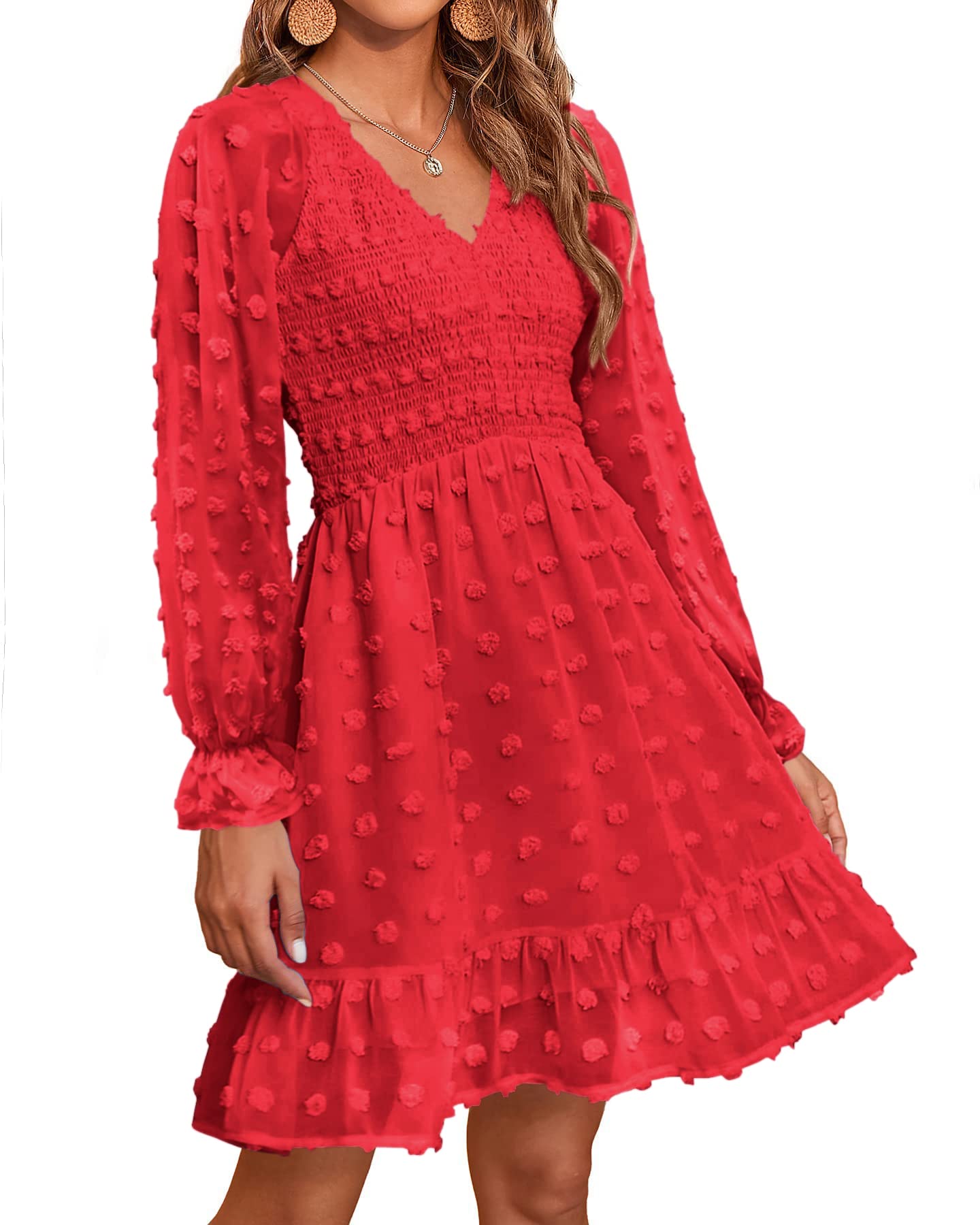 Damen V-Ausschnitt Chiffon Minikleid mit Schweizer Punkten für den Frühling (2 kaufen, kostenloser Versand)