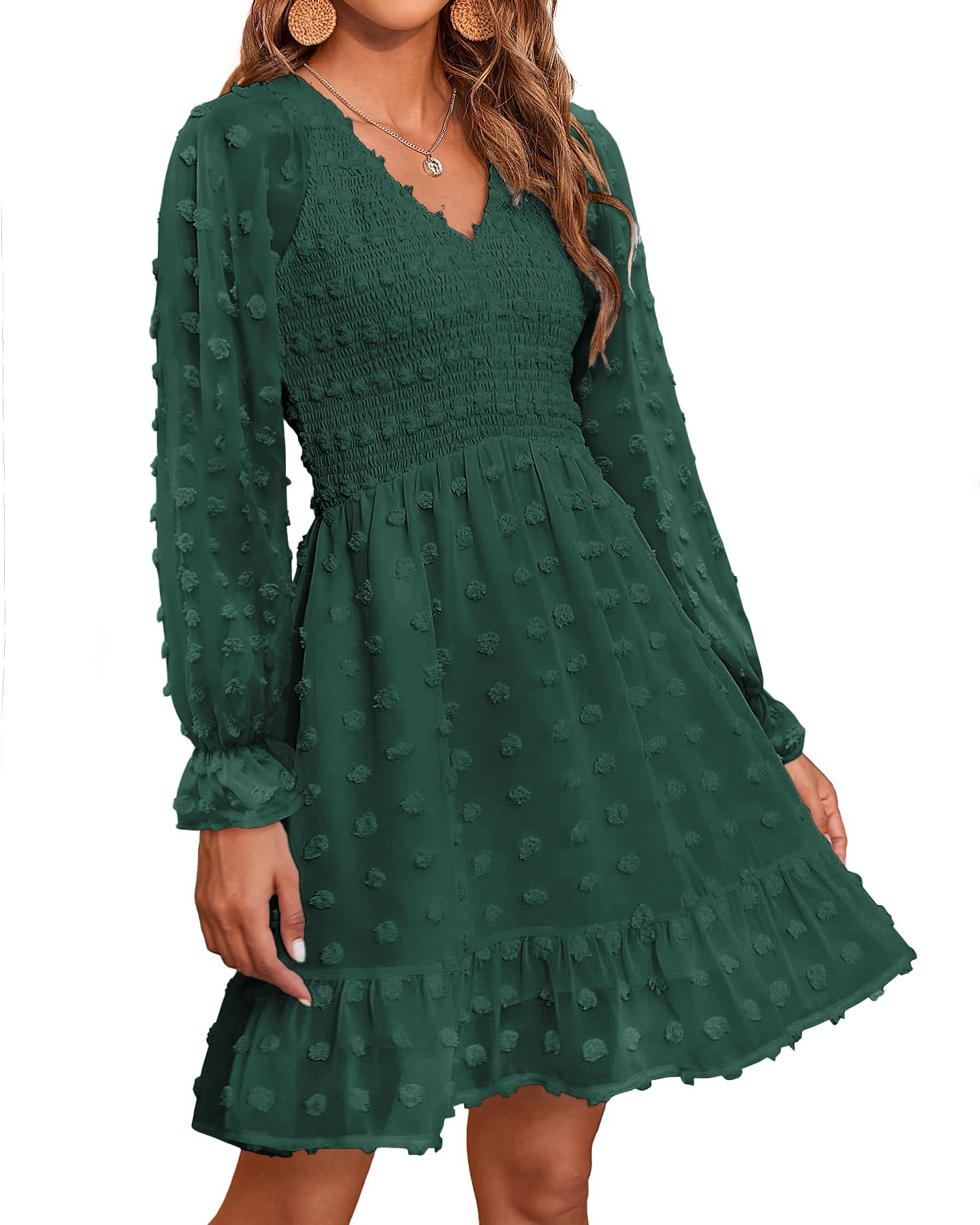 Damen V-Ausschnitt Chiffon Minikleid mit Schweizer Punkten für den Frühling (2 kaufen, kostenloser Versand)