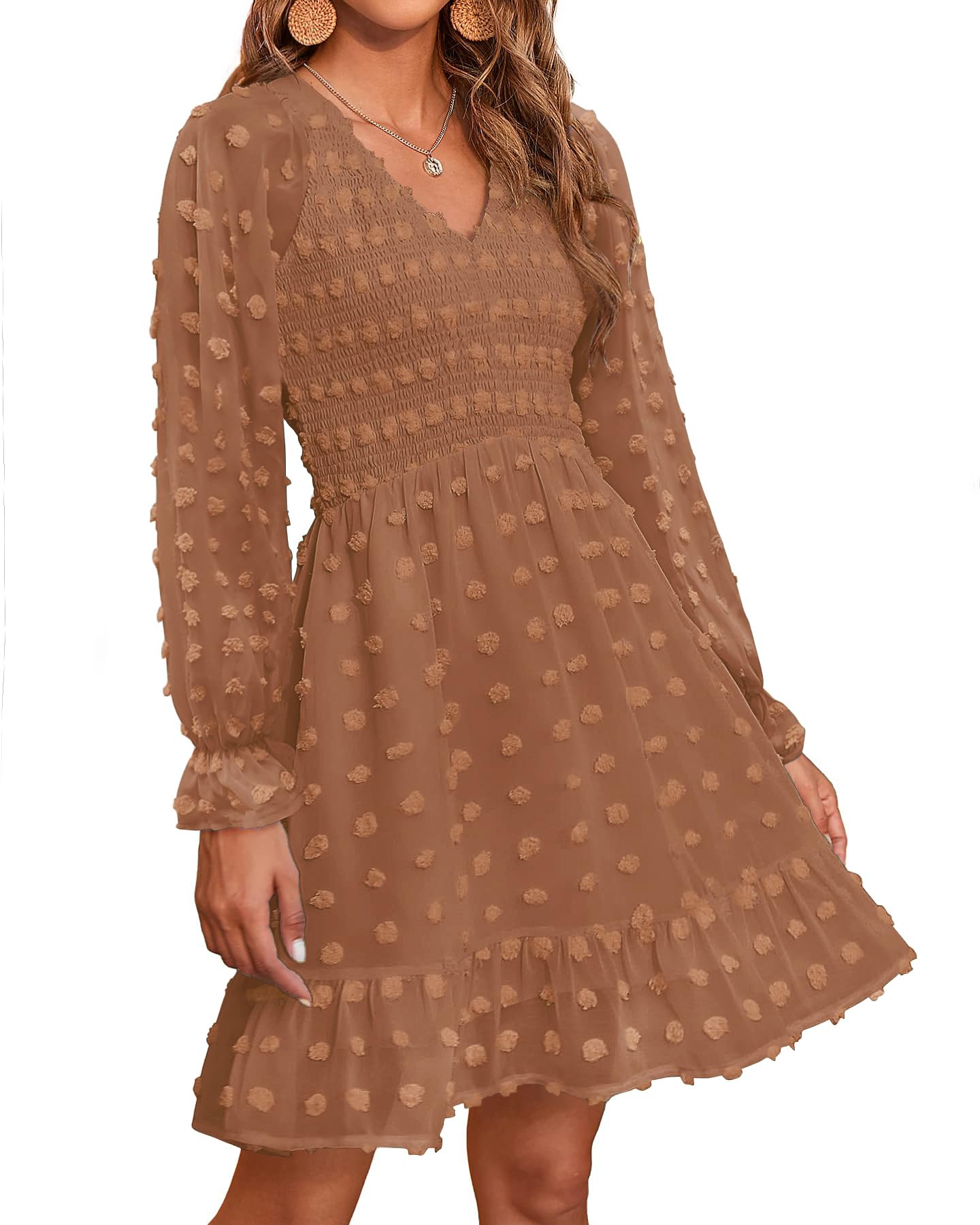 Damen V-Ausschnitt Chiffon Minikleid mit Schweizer Punkten für den Frühling (2 kaufen, kostenloser Versand)