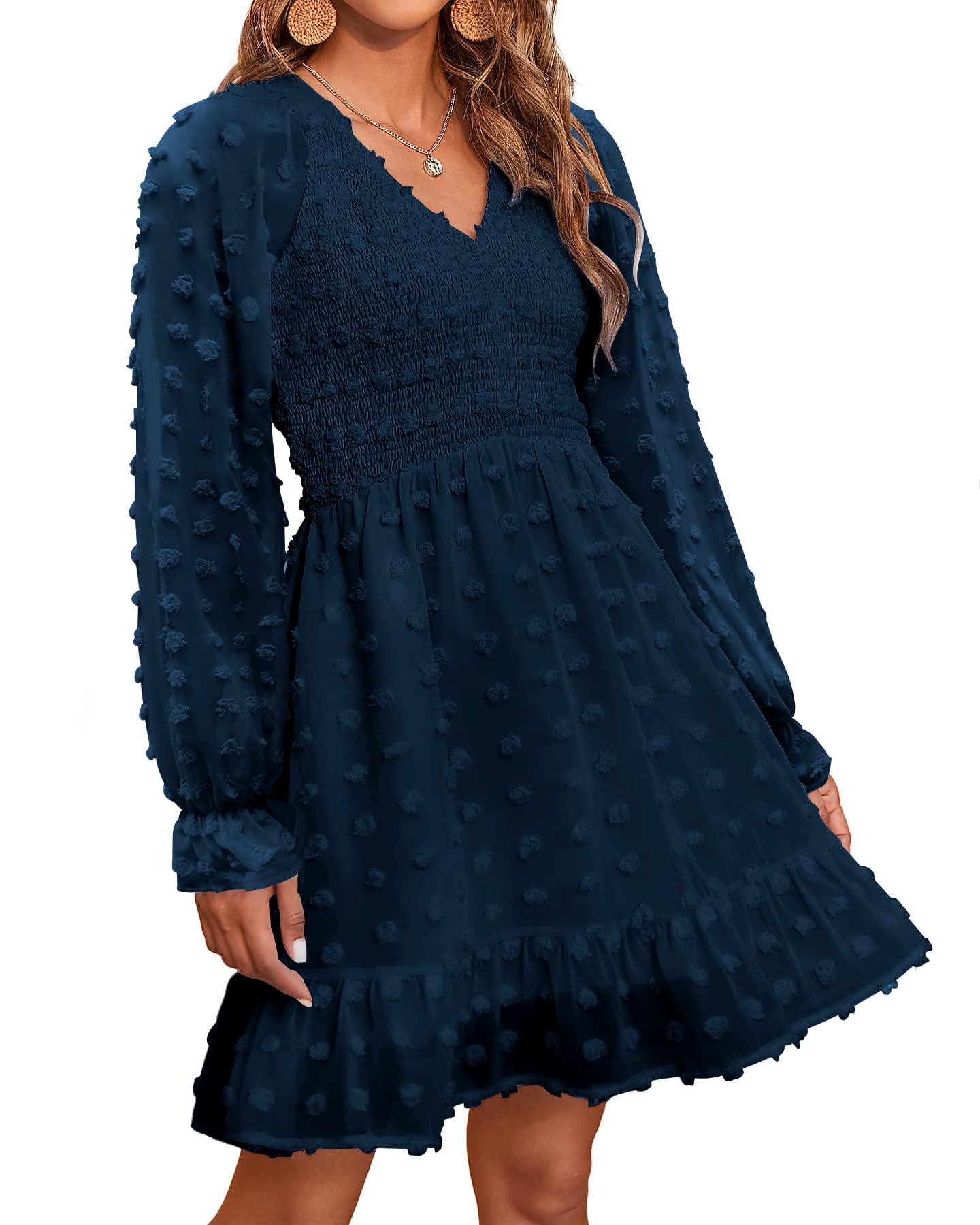 Damen V-Ausschnitt Chiffon Minikleid mit Schweizer Punkten für den Frühling (2 kaufen, kostenloser Versand)