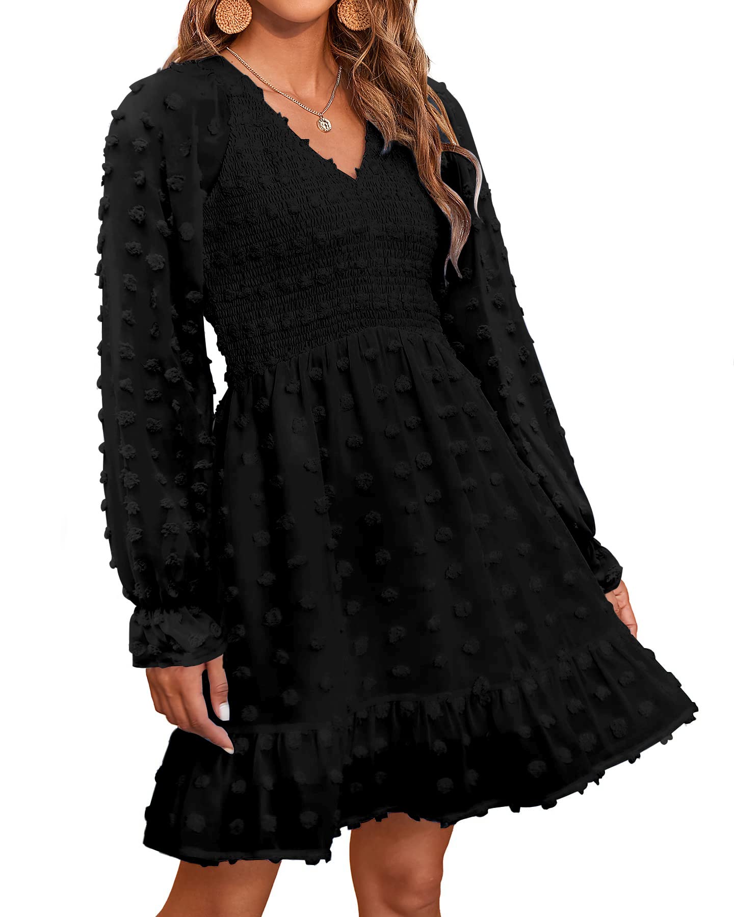 Damen V-Ausschnitt Chiffon Minikleid mit Schweizer Punkten für den Frühling (2 kaufen, kostenloser Versand)