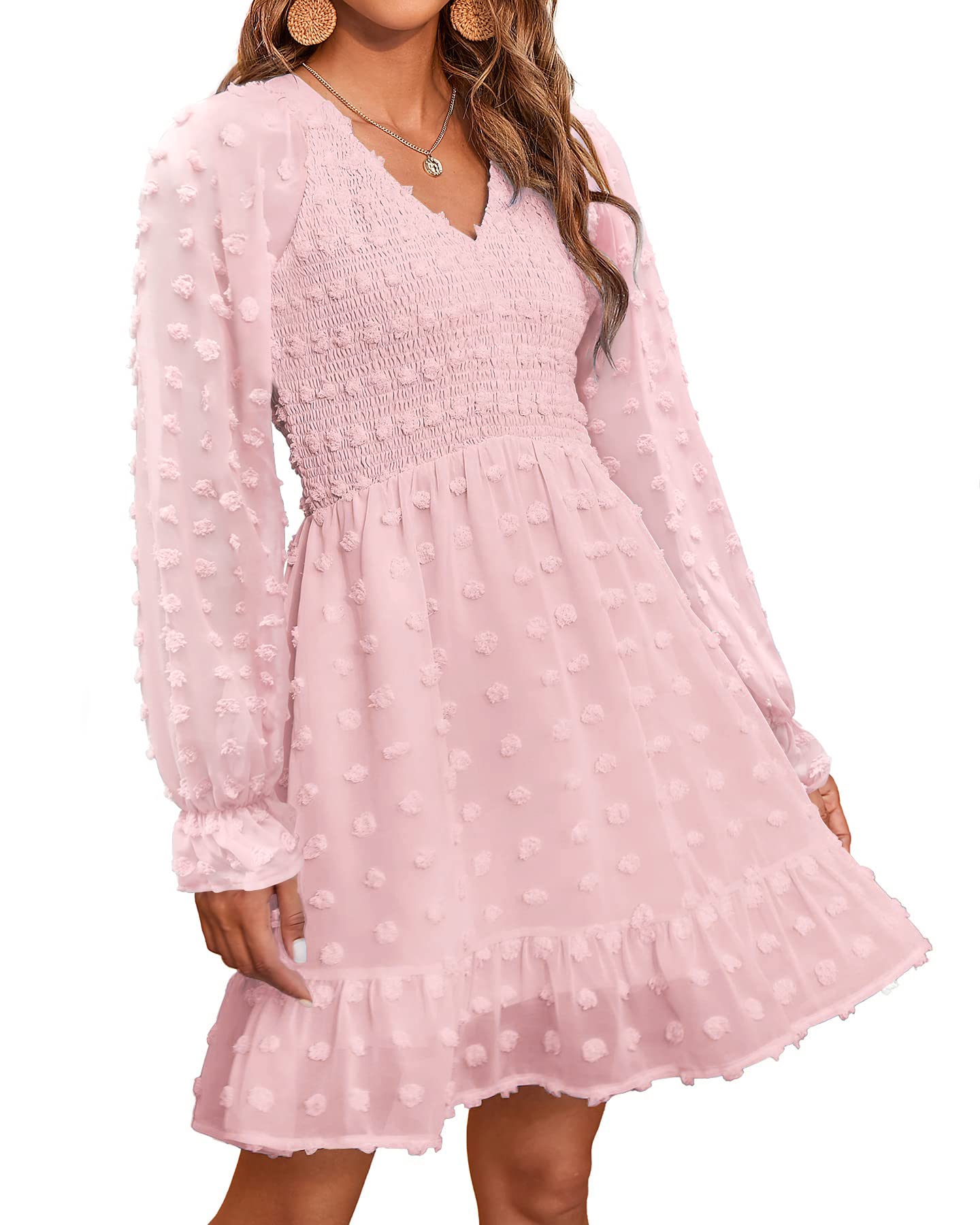 Damen V-Ausschnitt Chiffon Minikleid mit Schweizer Punkten für den Frühling (2 kaufen, kostenloser Versand)