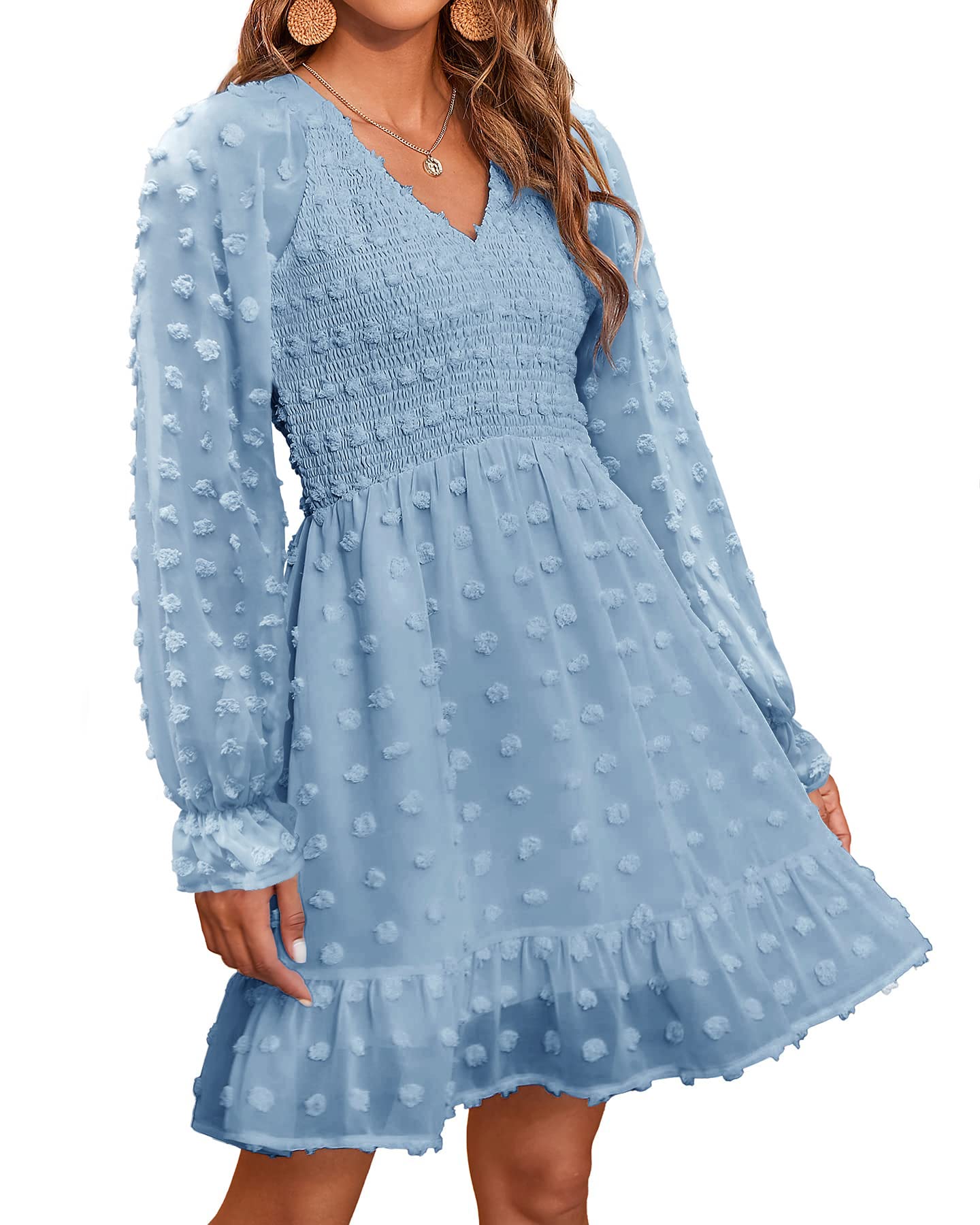 Damen V-Ausschnitt Chiffon Minikleid mit Schweizer Punkten für den Frühling (2 kaufen, kostenloser Versand)