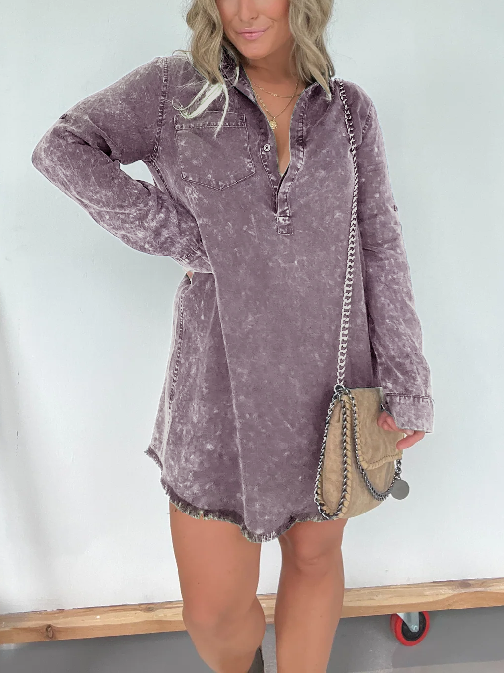 Langärmeliges Jeans-Hemdkleid (2 kaufen, kostenloser Versand)