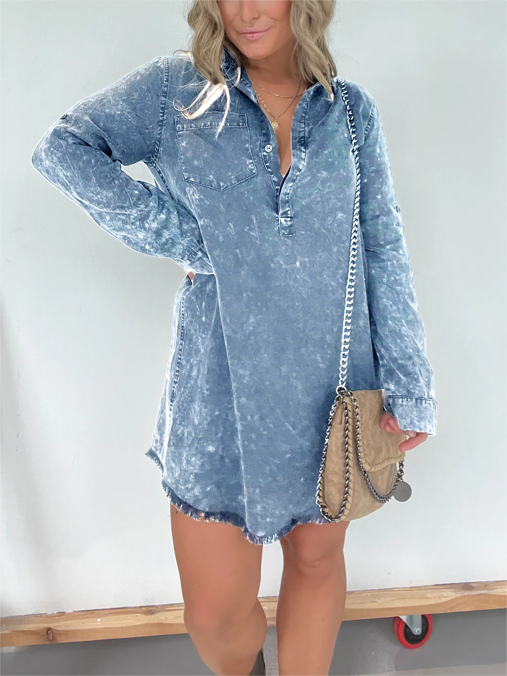Langärmeliges Jeans-Hemdkleid (2 kaufen, kostenloser Versand)