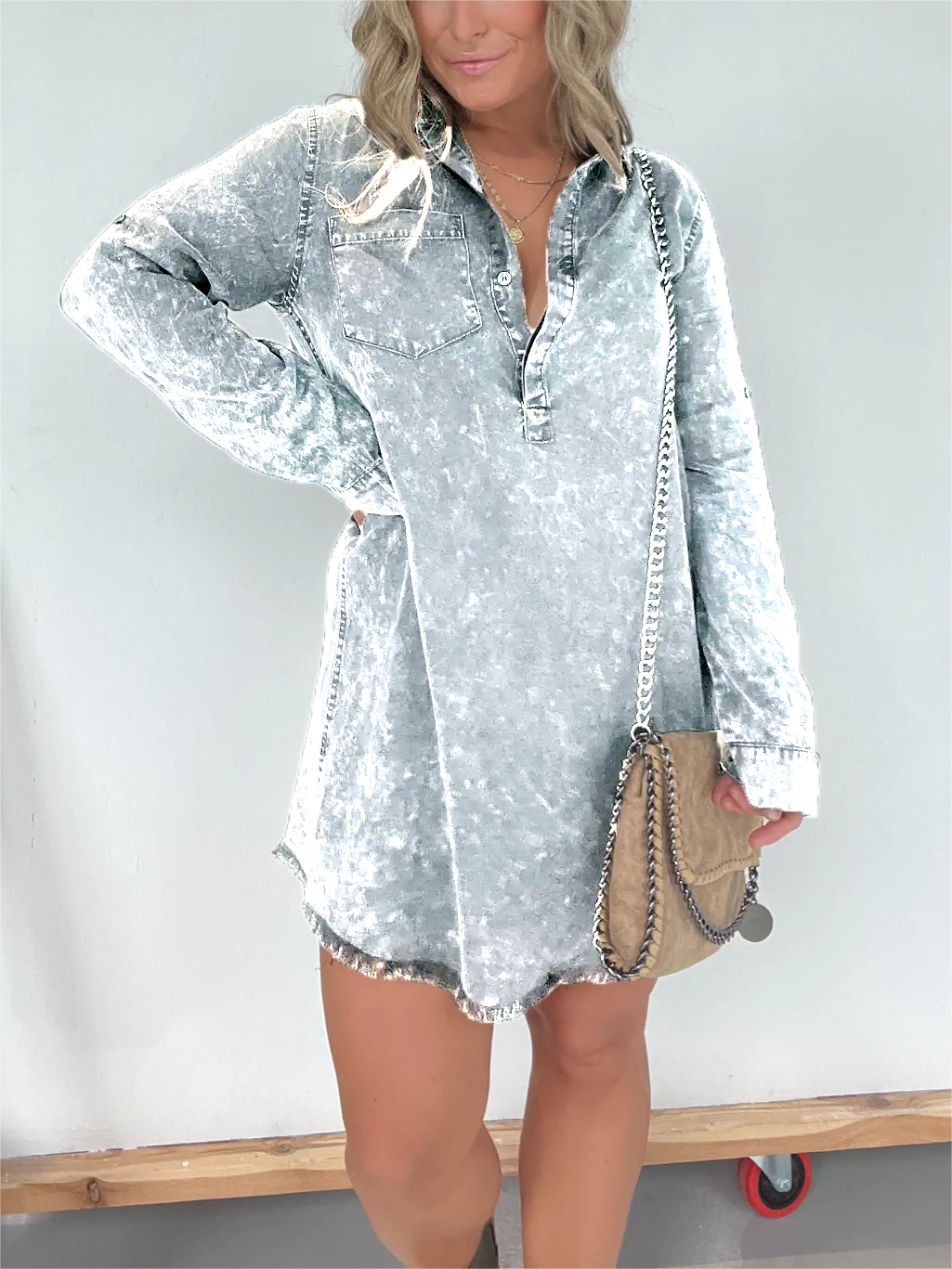Langärmeliges Jeans-Hemdkleid (2 kaufen, kostenloser Versand)