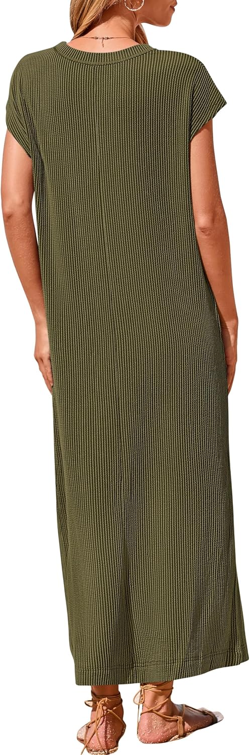 Geripptes Henley-Maxikleid mit Knopfleiste für Damen (2 kaufen, kostenloser Versand)