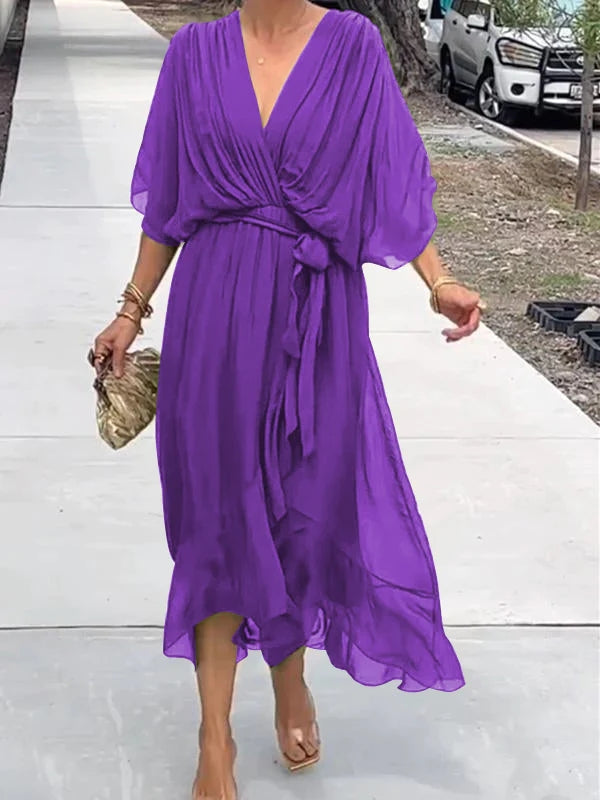 Elegant V-Neck Chiffon Dress – Flowy Summer & Occasion Wear