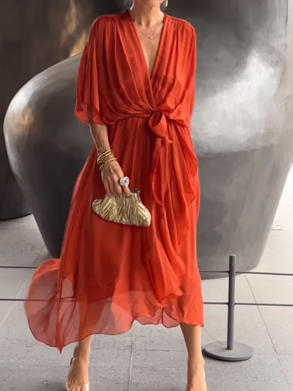Elegant V-Neck Chiffon Dress – Flowy Summer & Occasion Wear