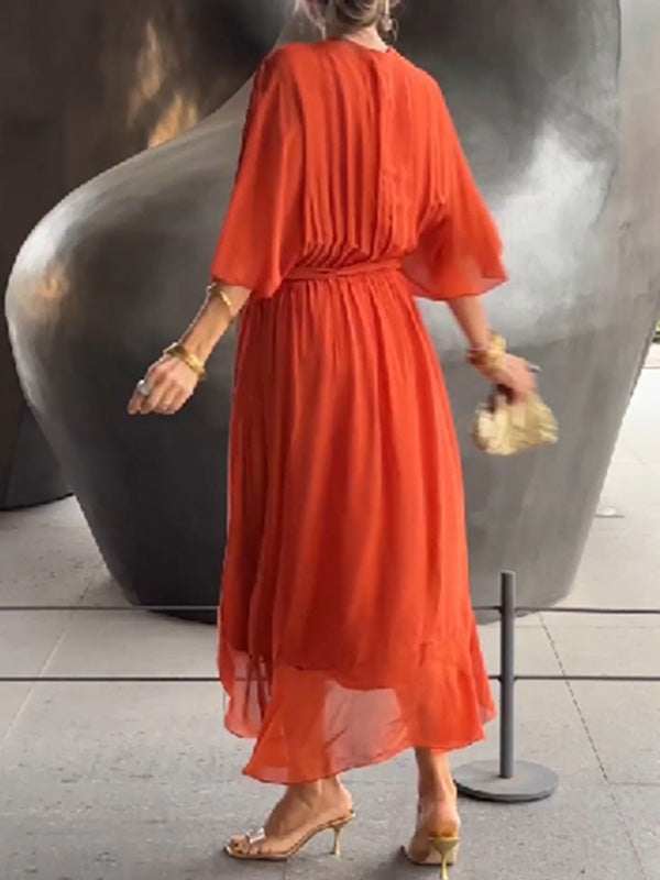 Elegant V-Neck Chiffon Dress – Flowy Summer & Occasion Wear