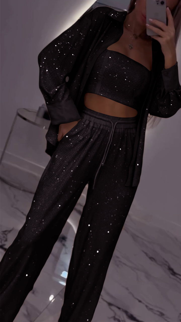 Damen-Revers-Strass-Freizeit-Dreiteiler