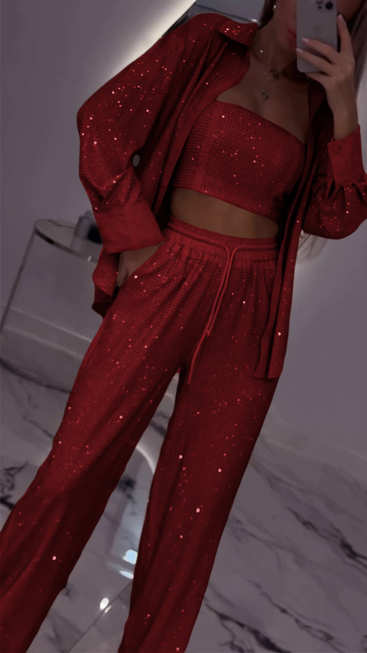 Damen-Revers-Strass-Freizeit-Dreiteiler