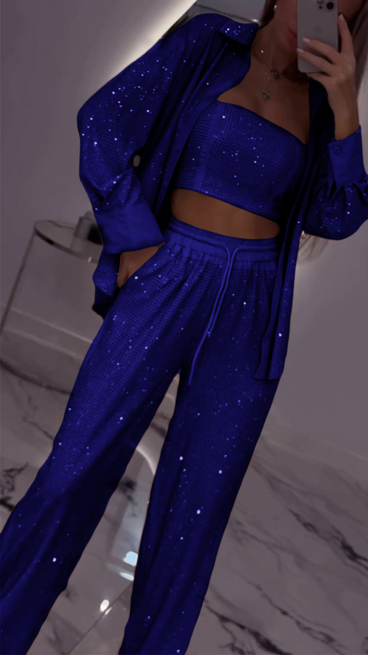 Damen-Revers-Strass-Freizeit-Dreiteiler