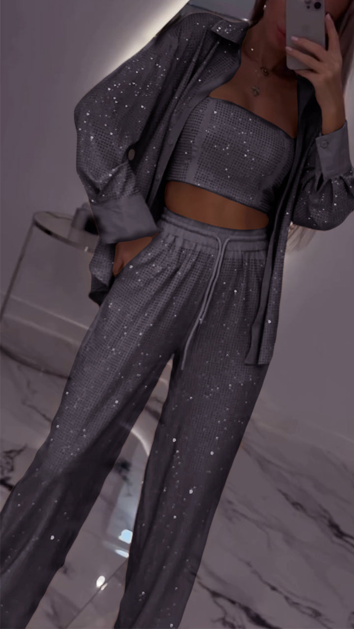 Damen-Revers-Strass-Freizeit-Dreiteiler