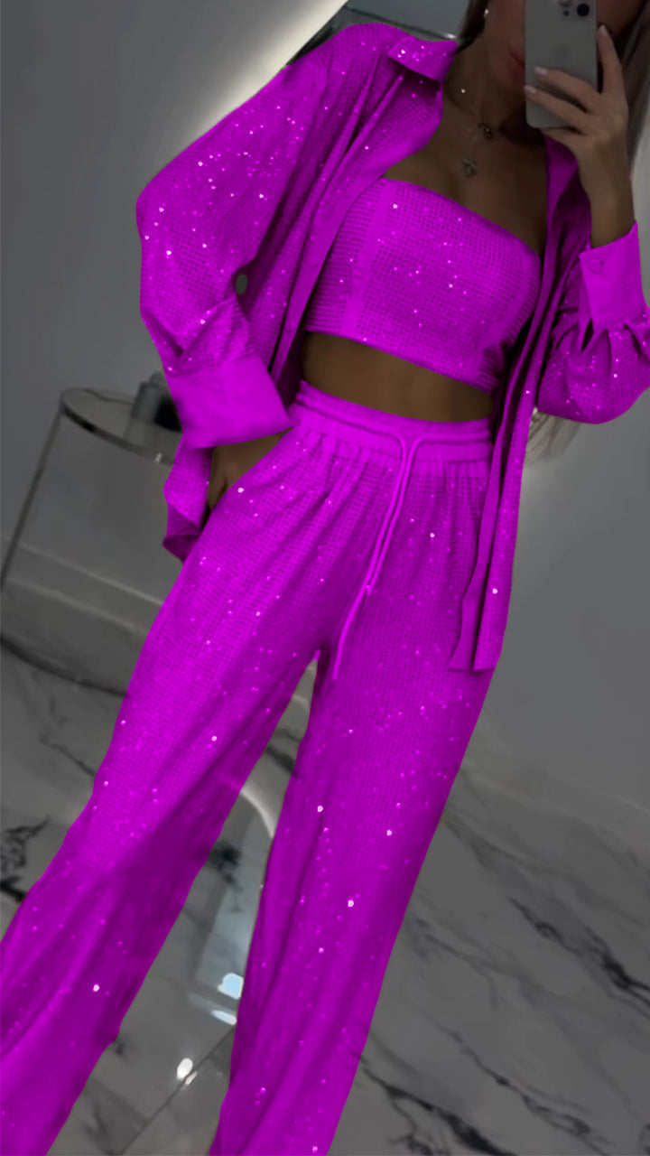 Damen-Revers-Strass-Freizeit-Dreiteiler