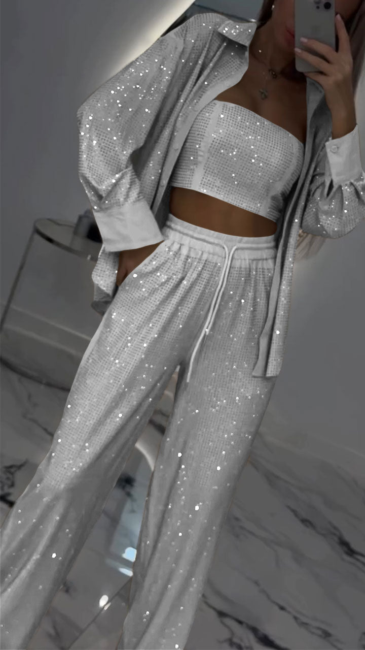 Damen-Revers-Strass-Freizeit-Dreiteiler