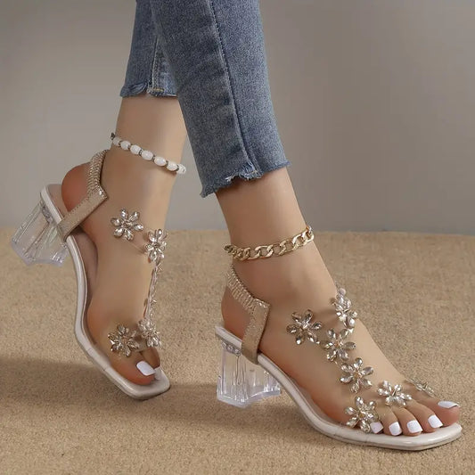 Damen-Sandalen mit Blumen-Strass und Blockabsatz