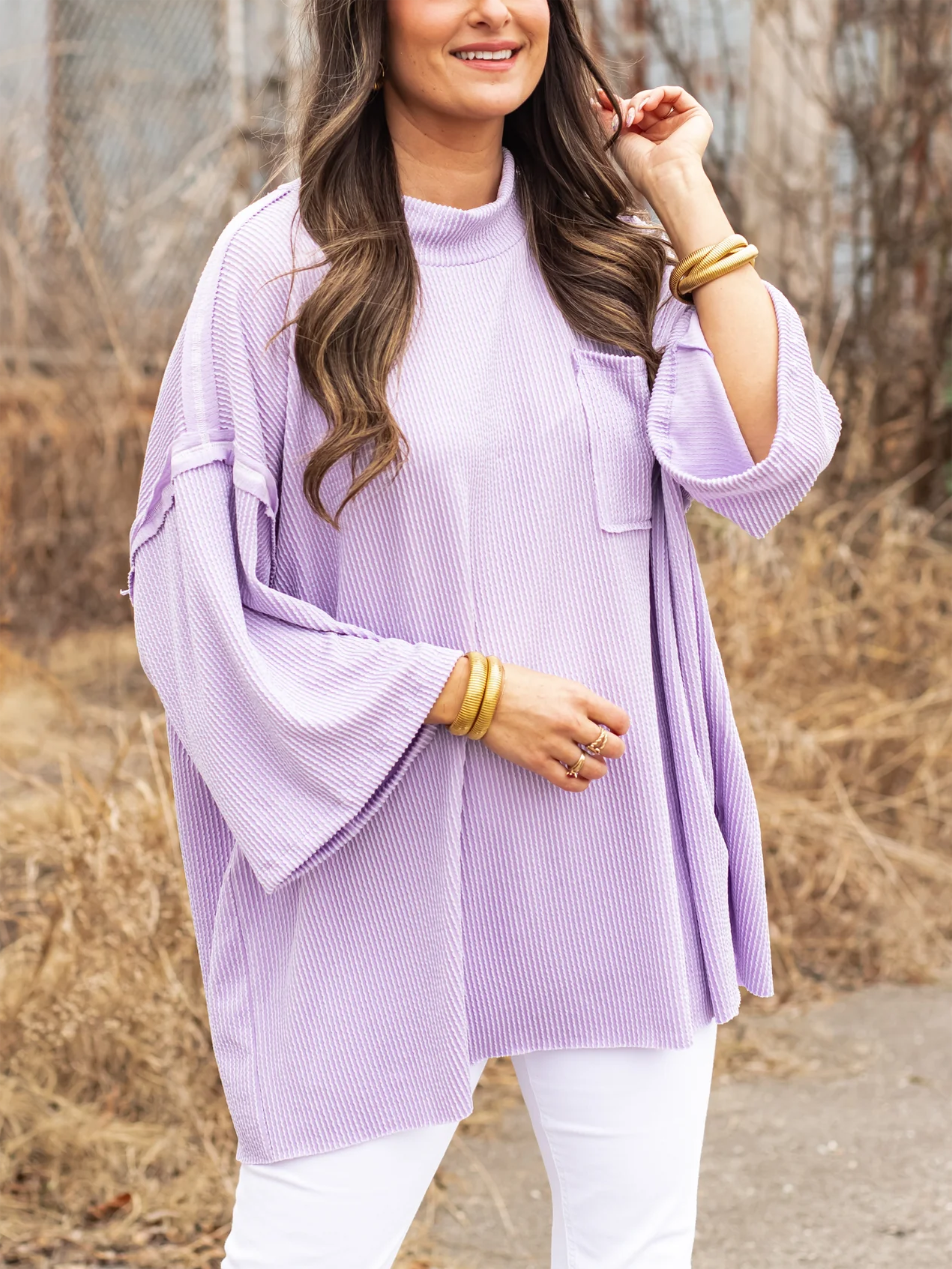 Oversize urbaner Rippstrick-Longpullover mit hohem Kragen (2 kaufen, kostenloser Versand)