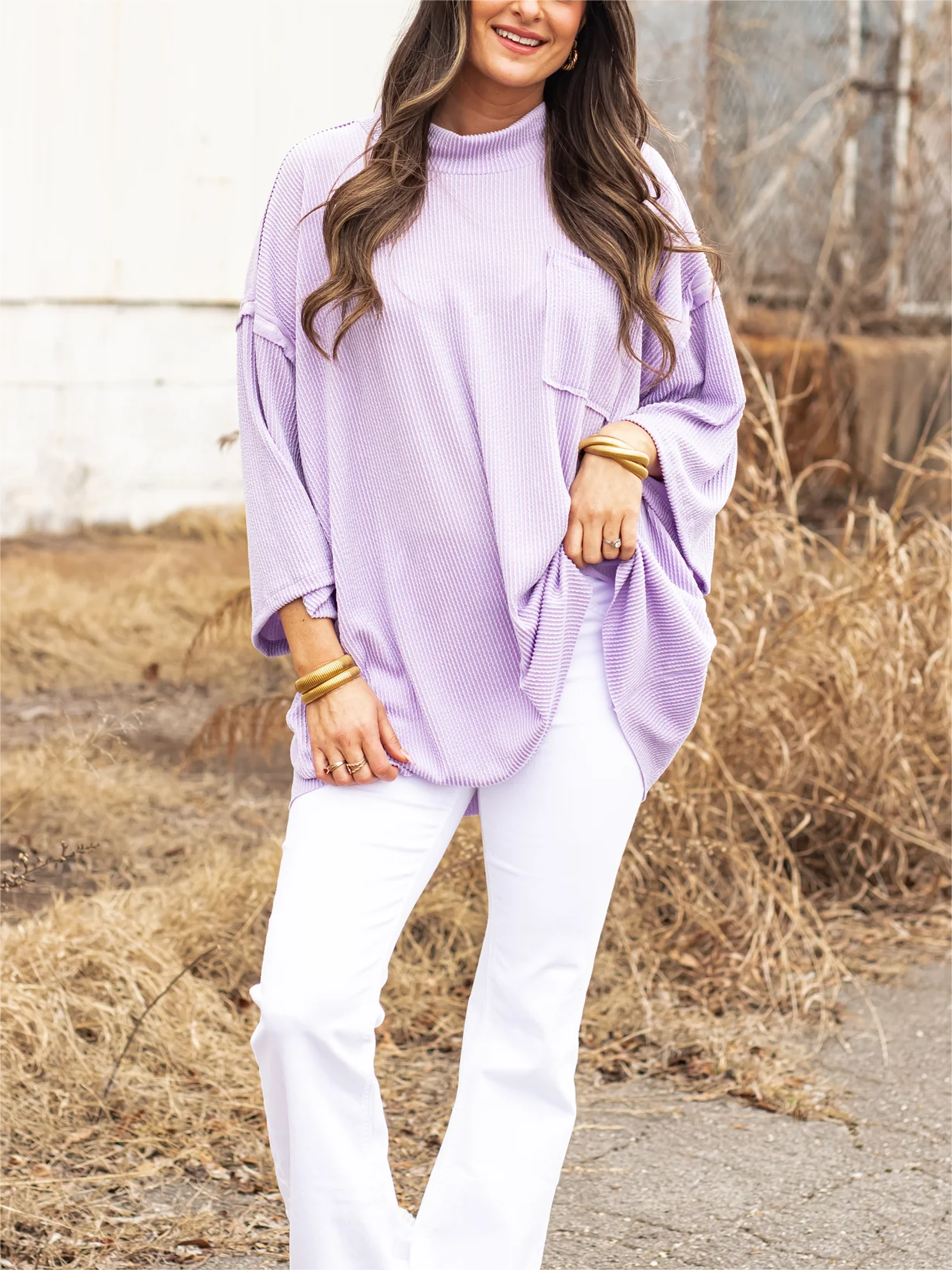 Oversize urbaner Rippstrick-Longpullover mit hohem Kragen (2 kaufen, kostenloser Versand)