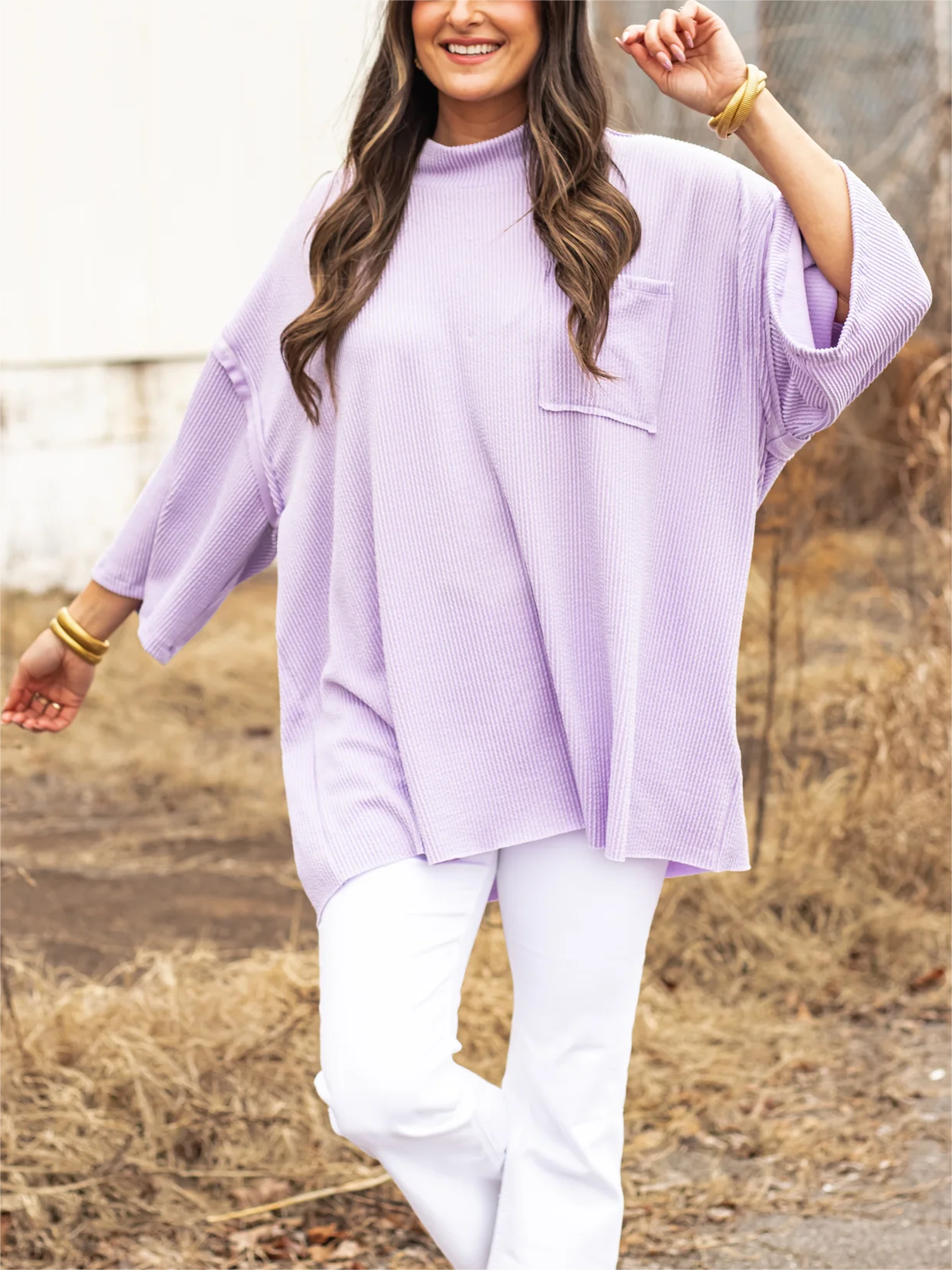 Oversize urbaner Rippstrick-Longpullover mit hohem Kragen (2 kaufen, kostenloser Versand)