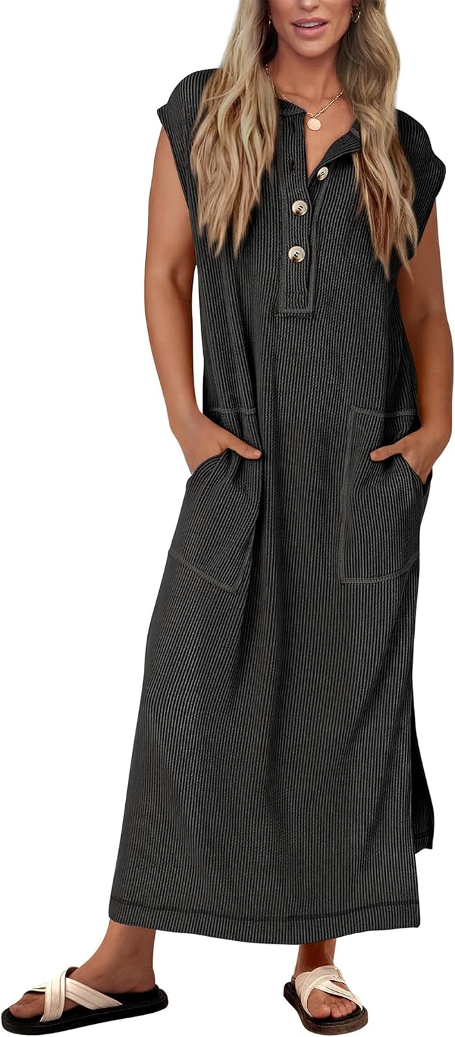 Geripptes Henley-Maxikleid mit Knopfleiste für Damen (2 kaufen, kostenloser Versand)